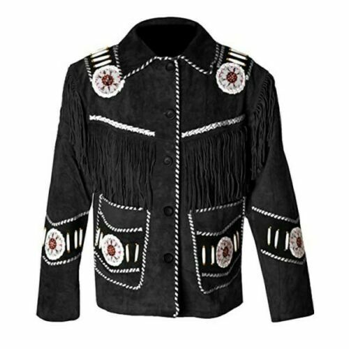 Men's Western Black Suede Leather Fringe Beaded Jacket MW863