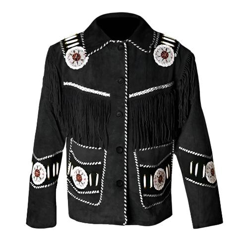 Men's Western Black Suede Leather Fringe Beaded Jacket MW877