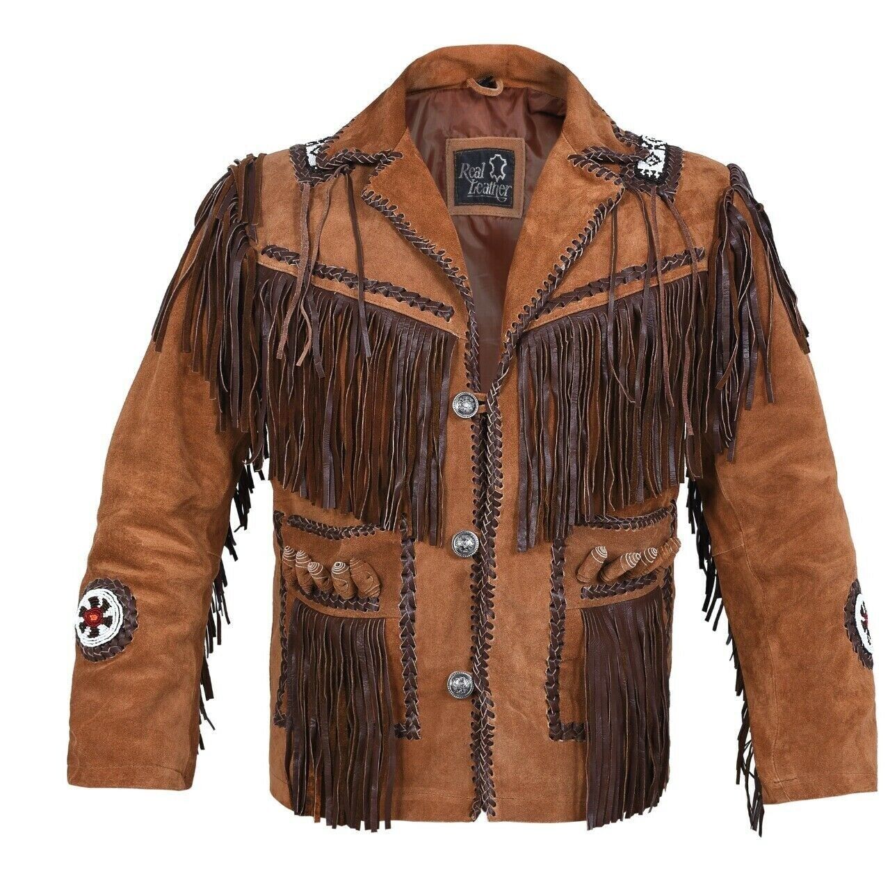 Men's Western Brown Suede Leather Fringes Beaded Jacket MW855