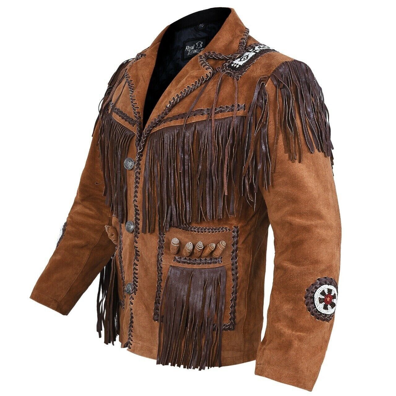 Men's Western Brown Suede Leather Fringes Beaded Jacket MW855