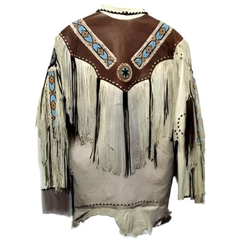 Native American Men's Beige Leather Fringe Beaded Jacket MWJ882