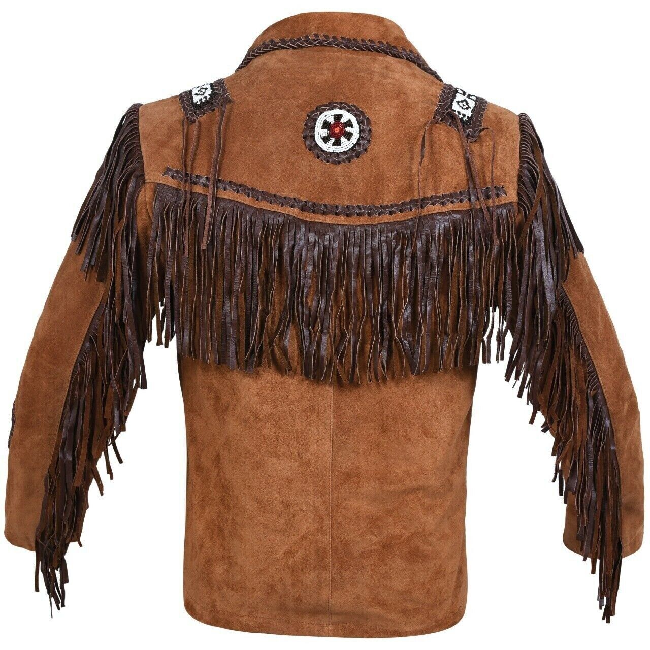 Men's Western Brown Suede Leather Fringes Beaded Jacket MW855