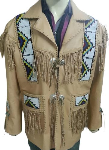 Men's Western Beige Leather Fringes Beaded Jacket MWJ883