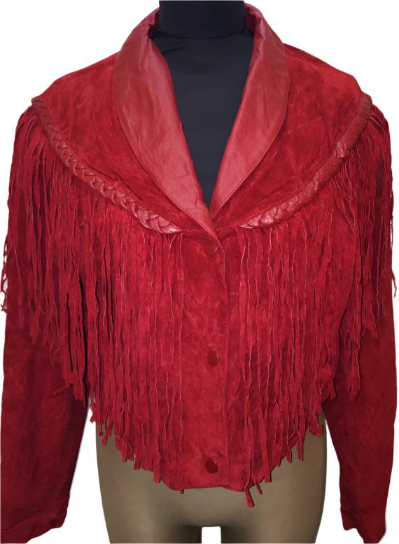 Western Red Suede Leather Fringes Cowgirl Jacket WWJ590