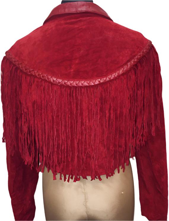 Western Red Suede Leather Fringes Cowgirl Jacket WWJ590