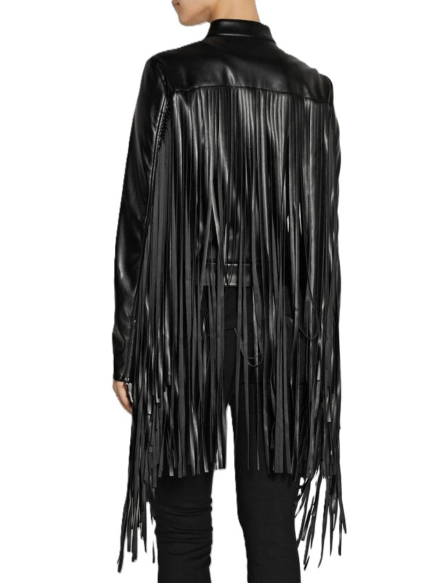 Black Leather Long Fringes Jacket For Women WWJ549