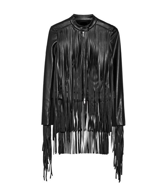 Black Leather Long Fringes Jacket For Women WWJ549