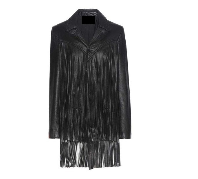 Black Soft Leather Long Fringe Jacket Coat For Women WWJ601