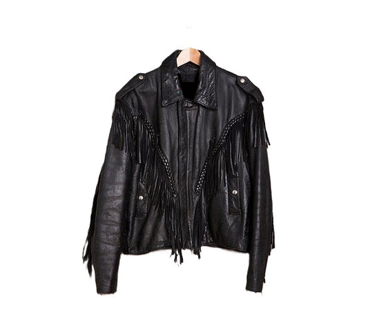 Black Leather Fringed Biker Jacket For Women WWJ550