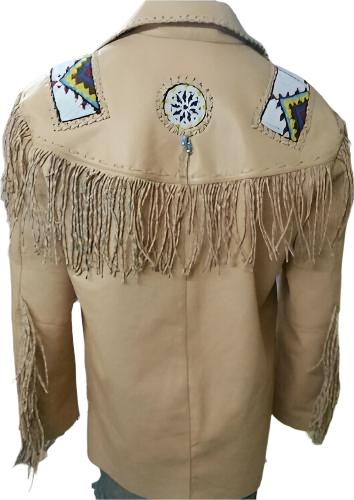 Men's Western Beige Leather Fringes Beaded Jacket MWJ883