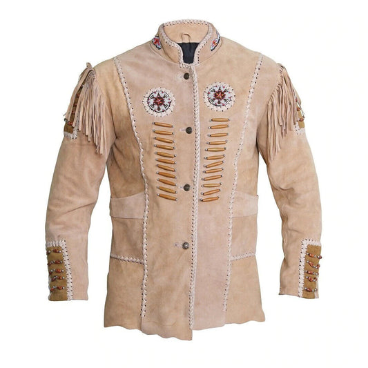 Men's Western Beige Suede Leather Jacket Fringe Bead Bones work MW873