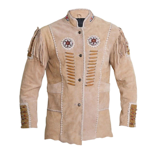 Men's Western Beige Suede Leather Fringes Beaded Jacket MWJ878