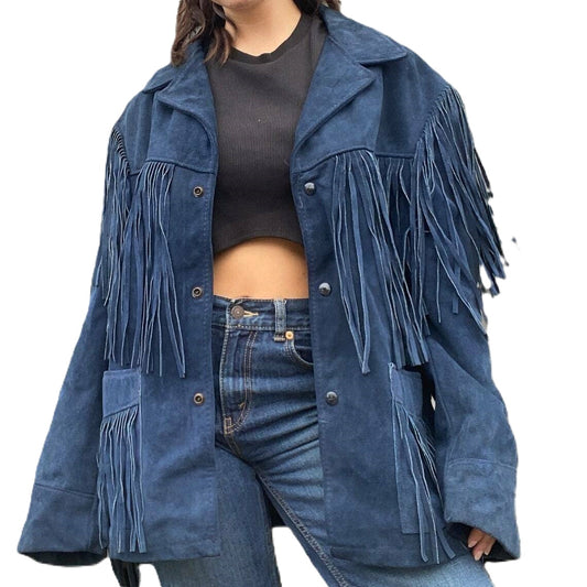 Blue Suede Leather Long Fringe Jacket For Women WWJ565