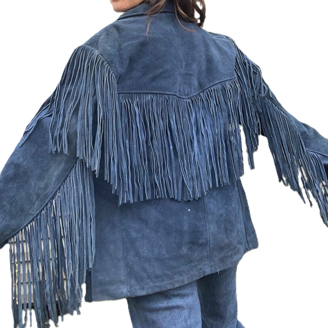 Blue Suede Leather Long Fringe Jacket For Women WWJ565