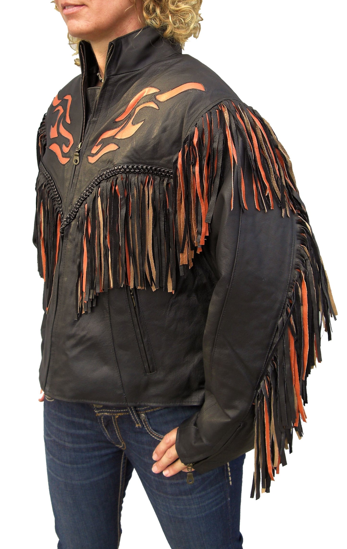 Black Leather Long Fringe Biker Jacket For Women WWJ699