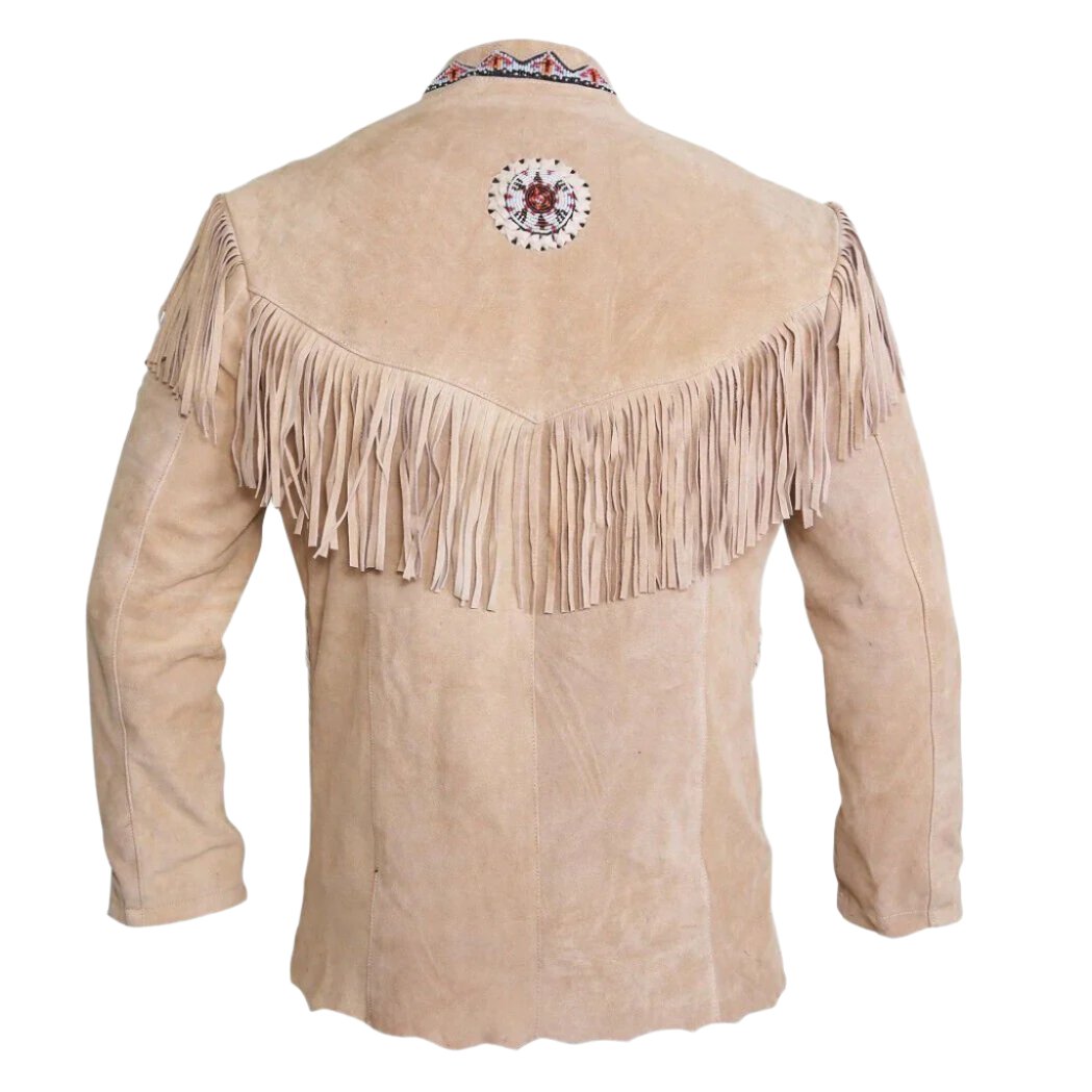 Men's Western Beige Suede Leather Fringes Beaded Jacket MWJ878