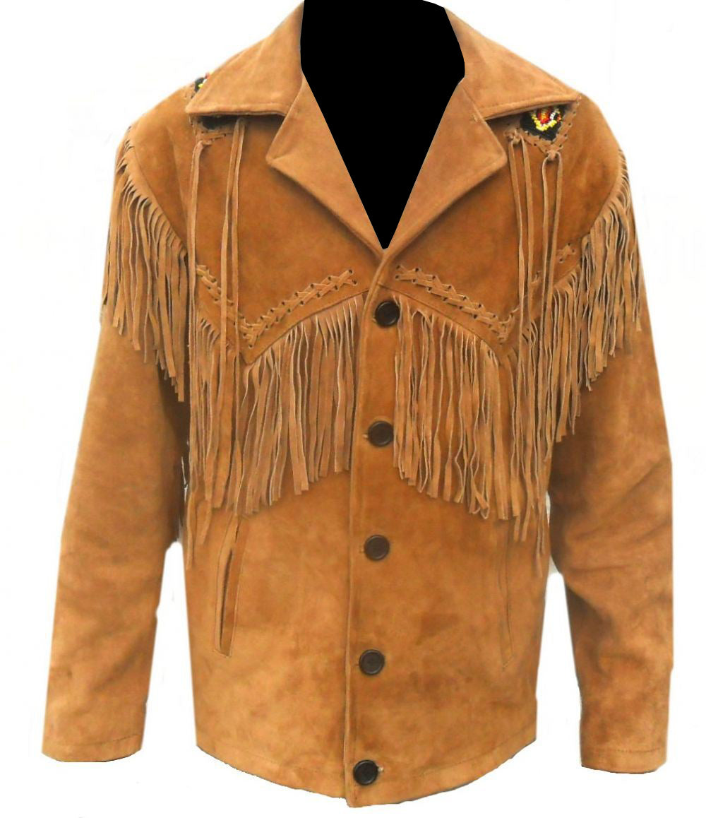 Men's Western Golden Brown Buckskin Suede Leather Fringes Jacket MWJ101