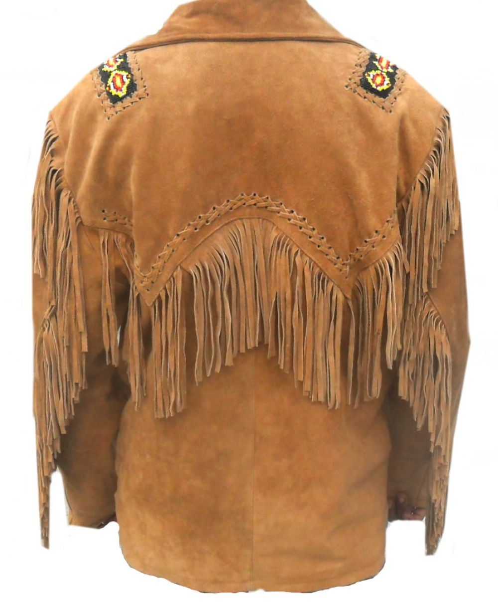 Men's Western Golden Brown Buckskin Suede Leather Fringes Jacket MWJ101