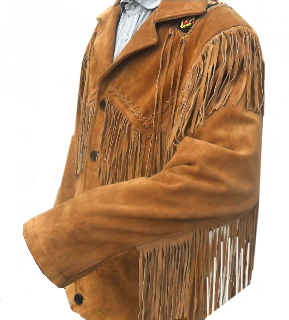 Men's Western Golden Brown Buckskin Suede Leather Fringes Jacket MWJ101