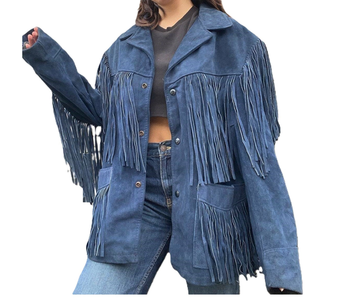 Blue Suede Leather Long Fringe Jacket For Women WWJ565