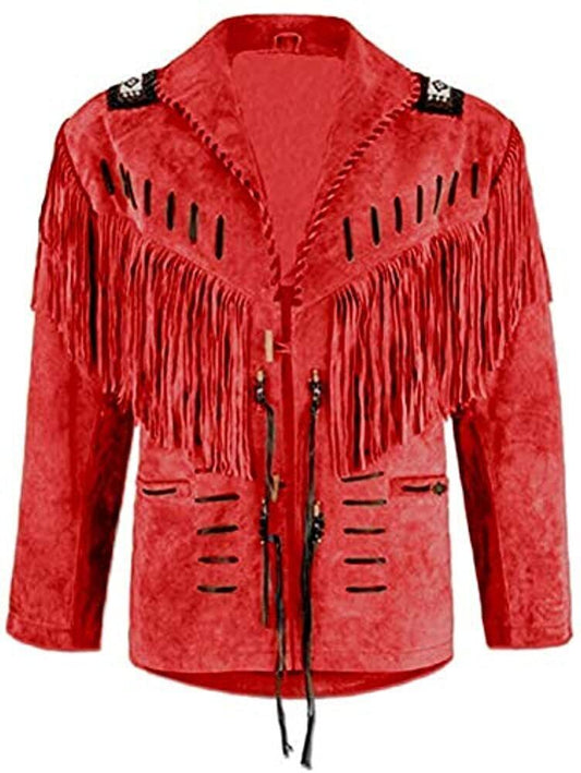 Men's Western Red Suede Leather Fringes Beaded Jacket MW872