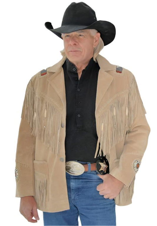 Men's Western Beige Suede Leather Jacket Fringe Beaded MW881