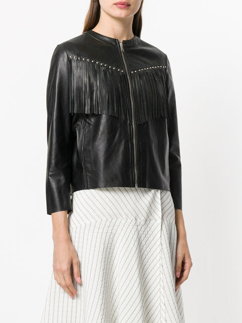 Black Leather Fringes Biker Jacket For Women WWJ696