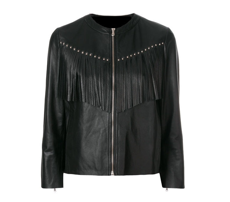 Black Leather Fringes Biker Jacket For Women WWJ696