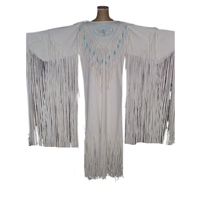 Native Women's White Leather Long Fringes Wedding Dress Powwow Regalia PWD104