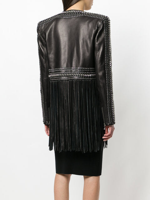 Black Real Leather Long Fringe Silver Studded Jacket For Women WWJ713