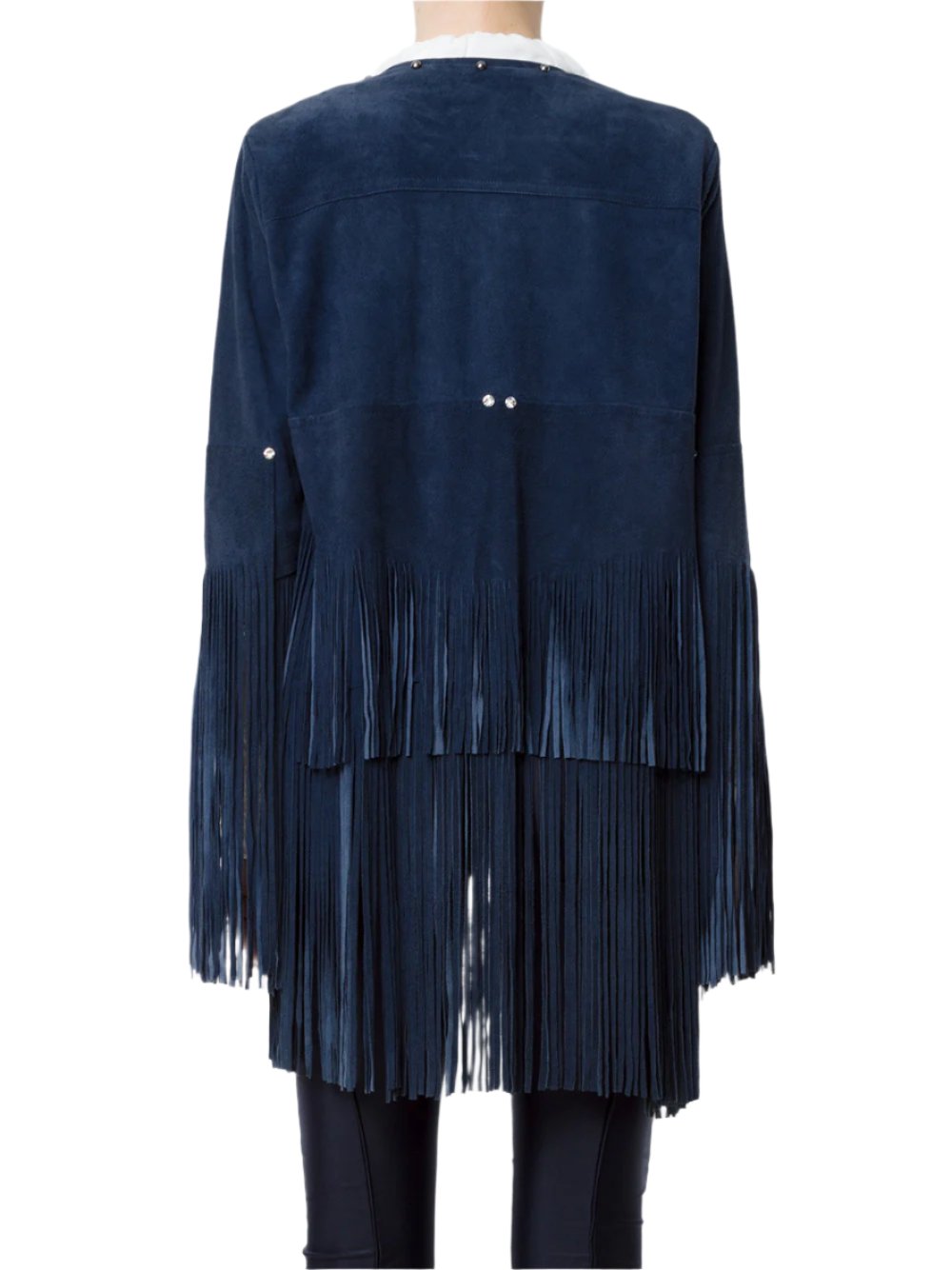 Blue Suede Leather Fringe & Silver Stud Work Jacket For Women WWJ695