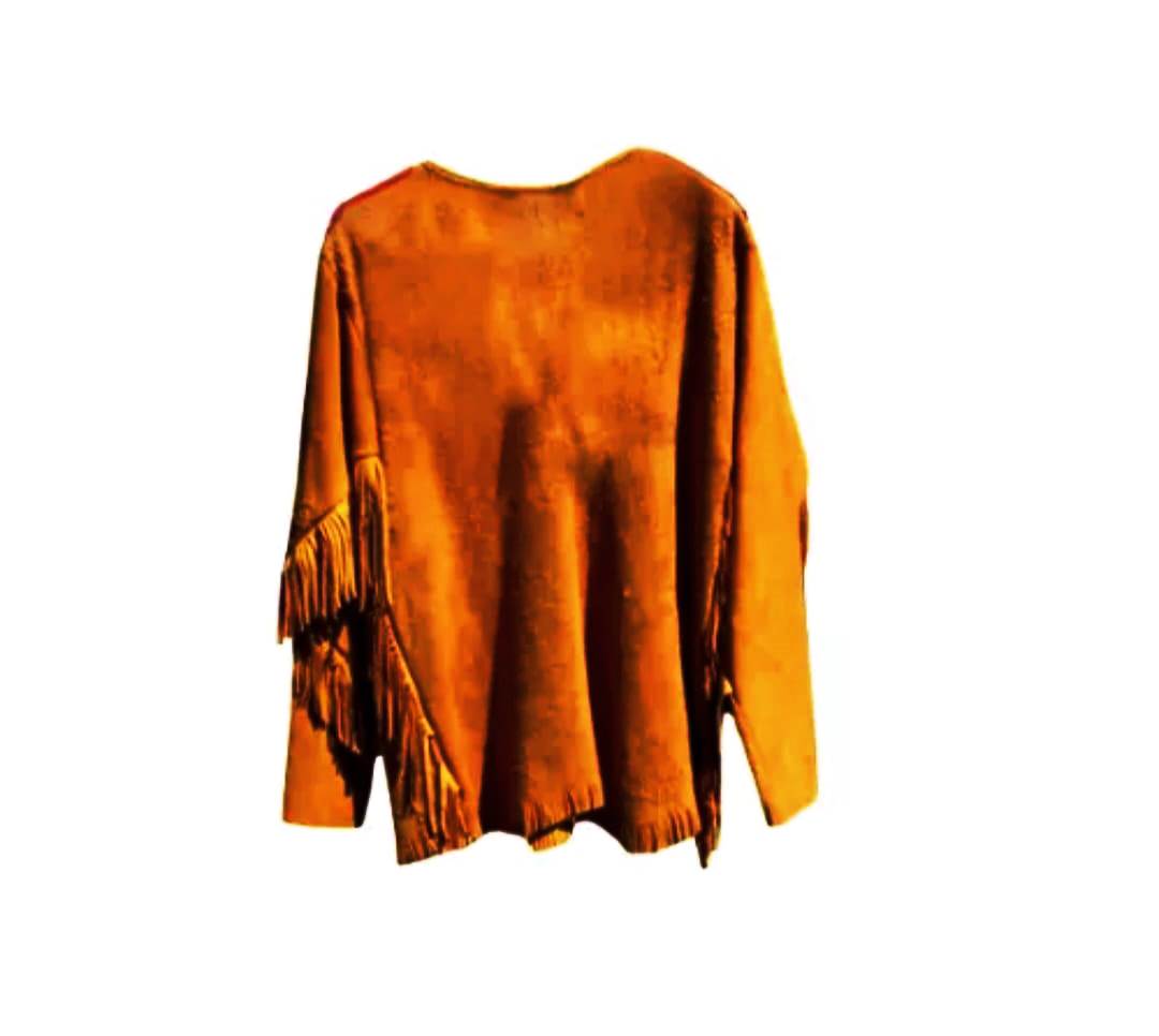 Men's Western Brown Buckskin Suede Hide Mountain Man Fringes Pullover Shirt MMS208