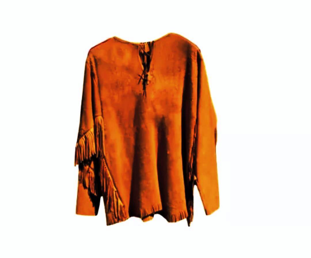 Men's Western Brown Buckskin Suede Hide Mountain Man Fringes Pullover Shirt MMS208