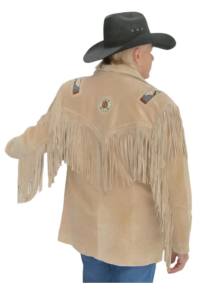 Men's Western Beige Suede Leather Jacket Fringe Beaded MW881