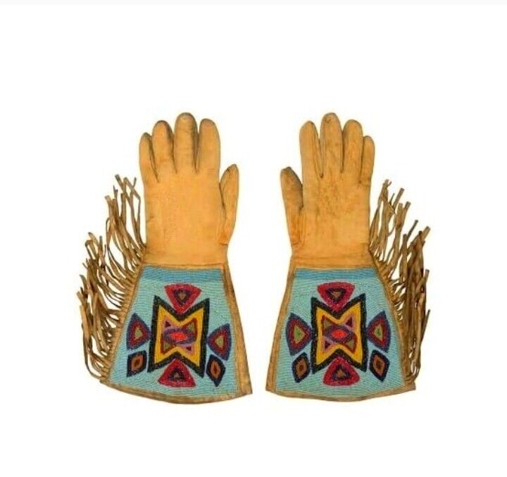 Old Native American Style Handmade Sioux Beaded Leather Gauntlet Gloves NGV21