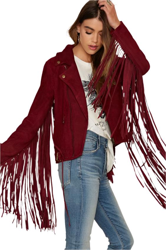 Western Red Maroon Suede Leather Long Fringe Cowgirl Jacket WWJ593