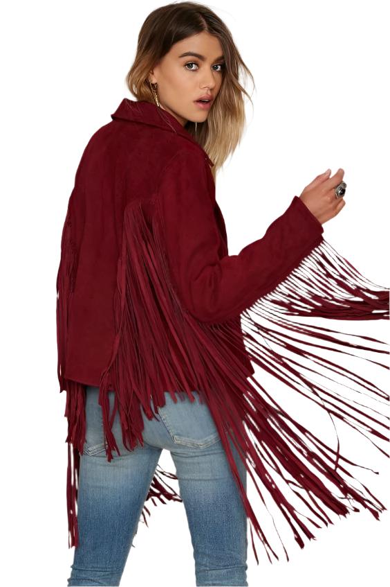 Western Red Maroon Suede Leather Long Fringe Cowgirl Jacket WWJ593