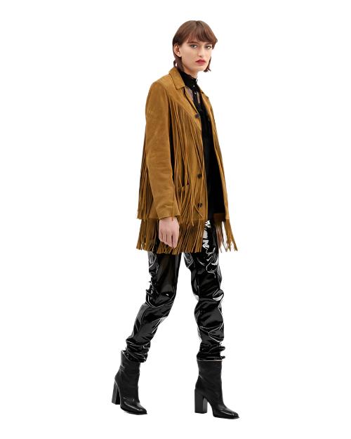 Brown Suede Leather Long Fringe Jacket Coat For Women WWJ652