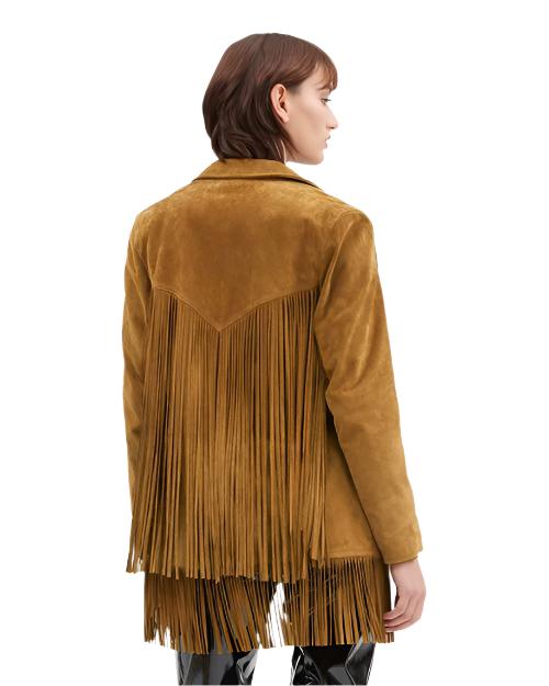 Brown Suede Leather Long Fringe Jacket Coat For Women WWJ652