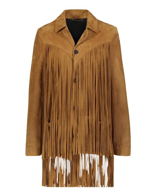 Brown Suede Leather Long Fringe Jacket Coat For Women WWJ652