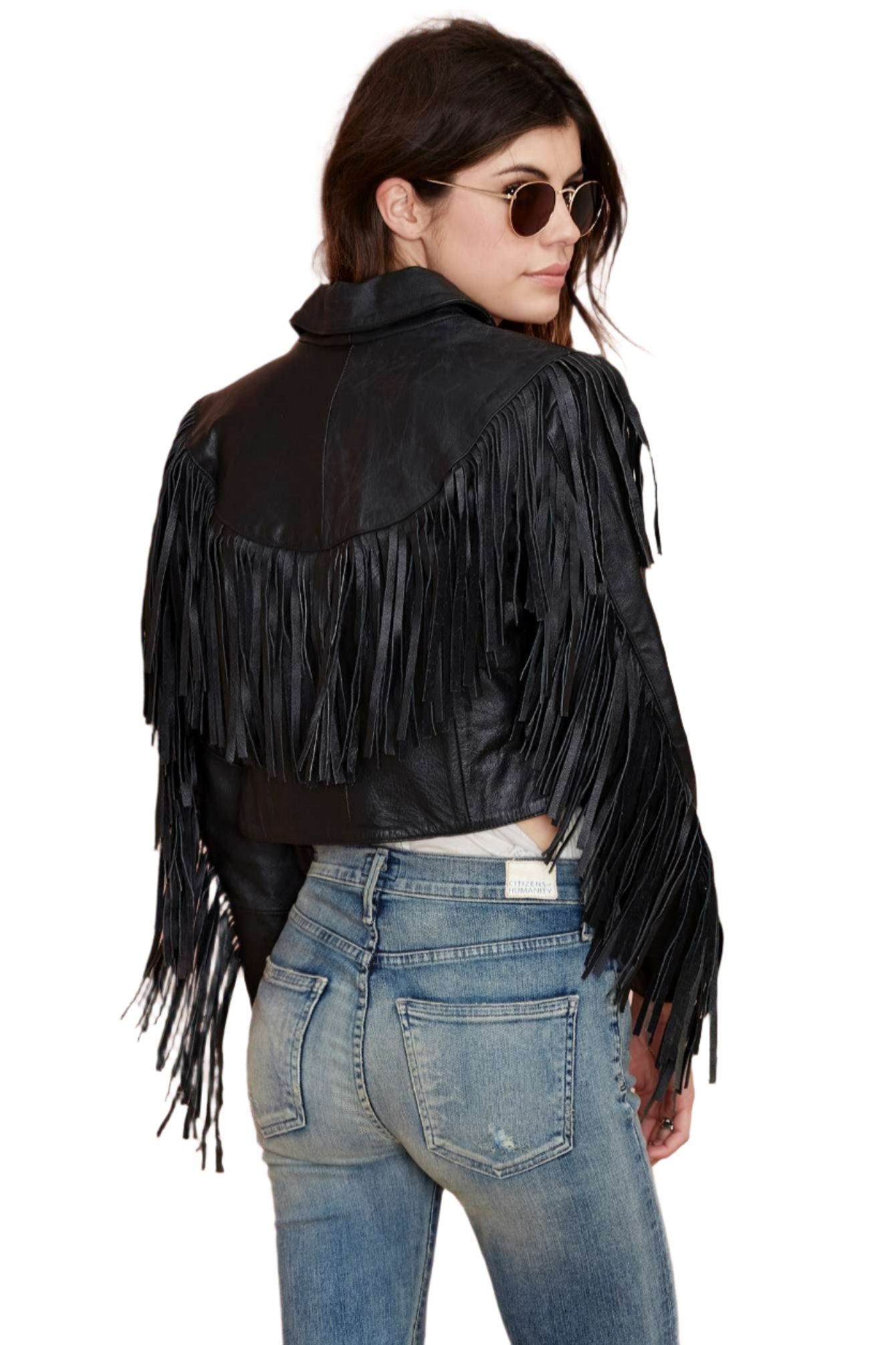 Black Leather Fringe Biker Jacket For Women WWJ717