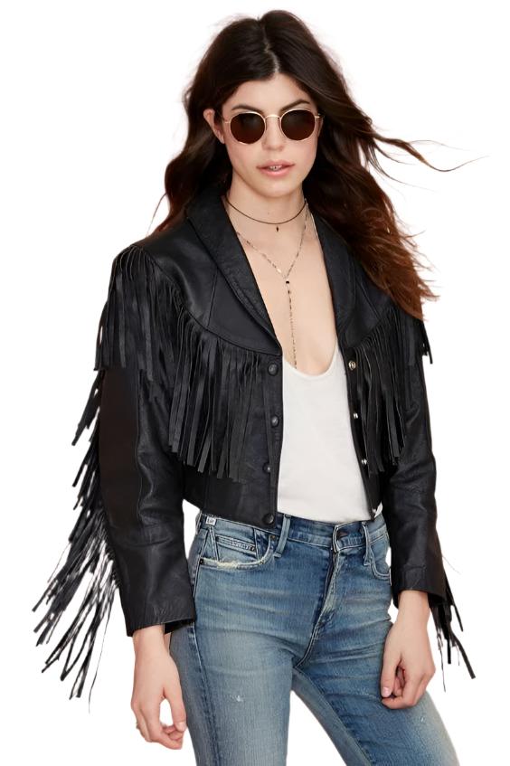 Black Leather Fringe Biker Jacket For Women WWJ717