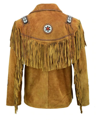 Men's Western Brown Suede Leather Fringe Beaded Jacket MW856