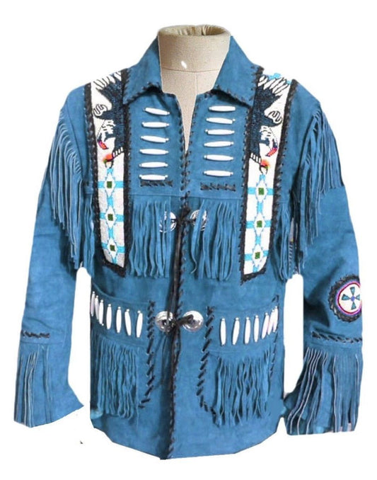 Cowboy Fringe Jacket Western Blue Suede Buckskin Leather Jacket MWJ21BU