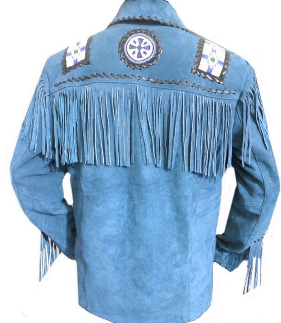 Cowboy Fringe Jacket Western Blue Suede Buckskin Leather Jacket MWJ21BU