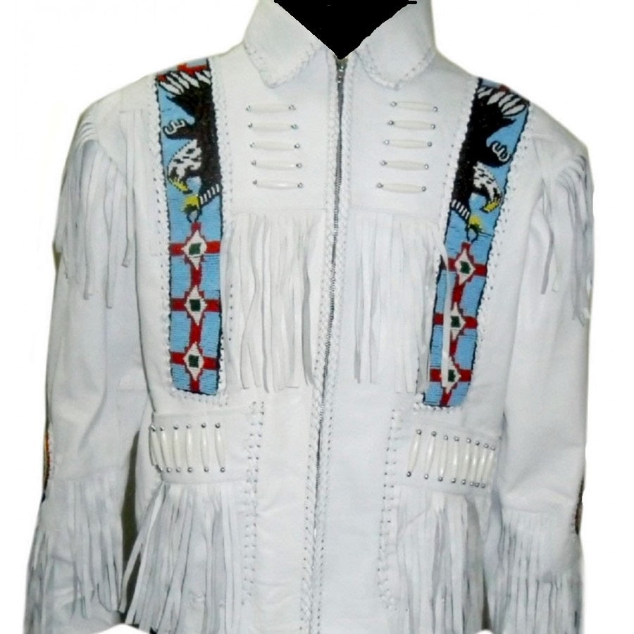 Cowboy Fringe Jacket White Western Buckskin Leather Jacket MWJ21W