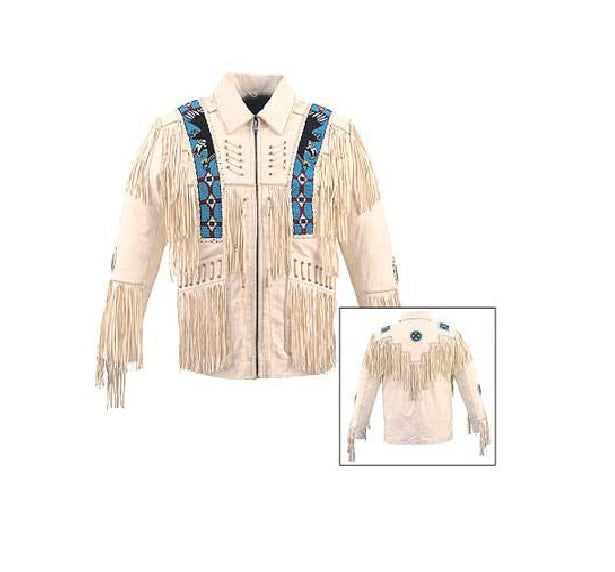 Cowboy Fringe Jacket Beige Western Buckskin Leather Jacket MWJ21BG