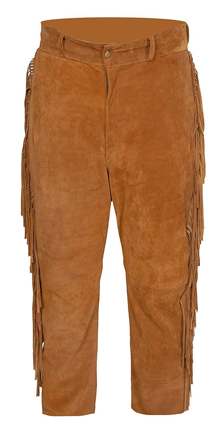 Men's New Golden Brown Buckskin Suede leather Western Fringes Pants WBP-110