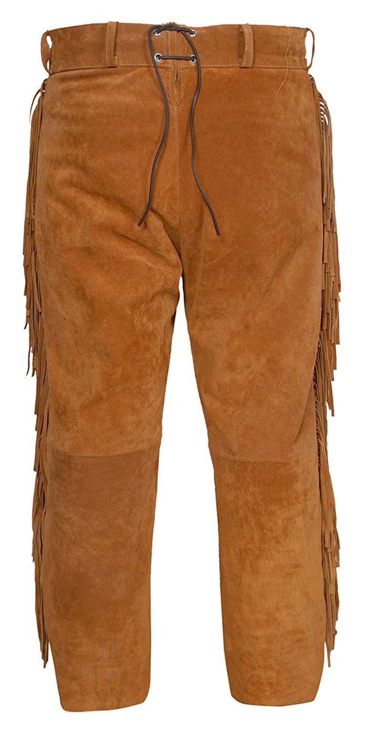 Men's New Golden Brown Buckskin Suede leather Western Fringes Pants WBP-110