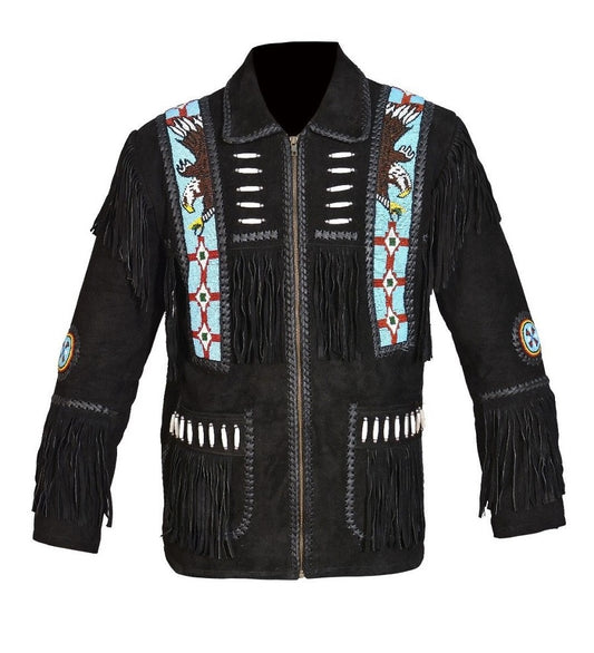 Cowboy Fringe Jacket Western Black Suede Buckskin Leather Jacket MWJ21BK